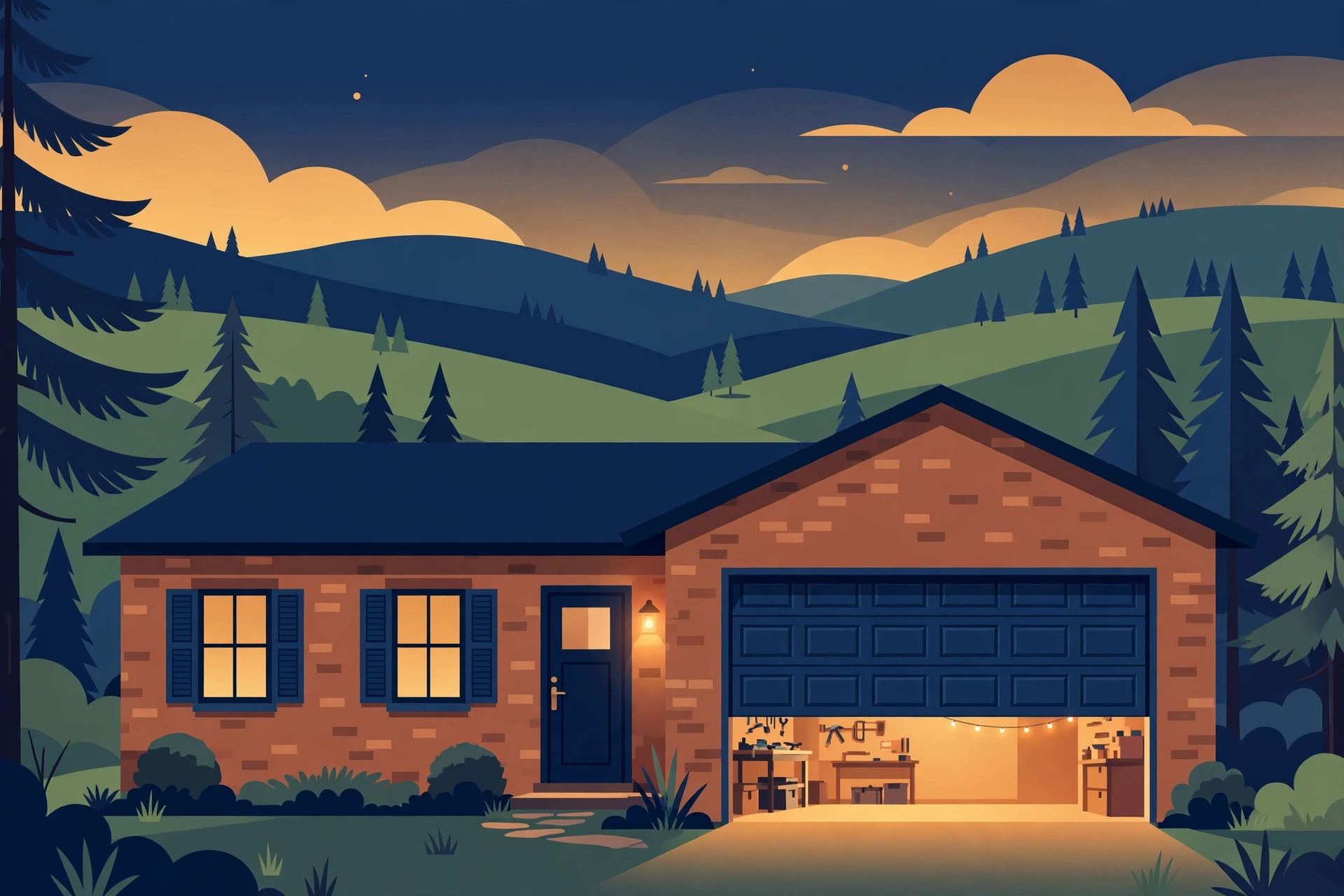 Illustration of a brick ranch home in Gastonia, NC at dusk with a glowing garage door