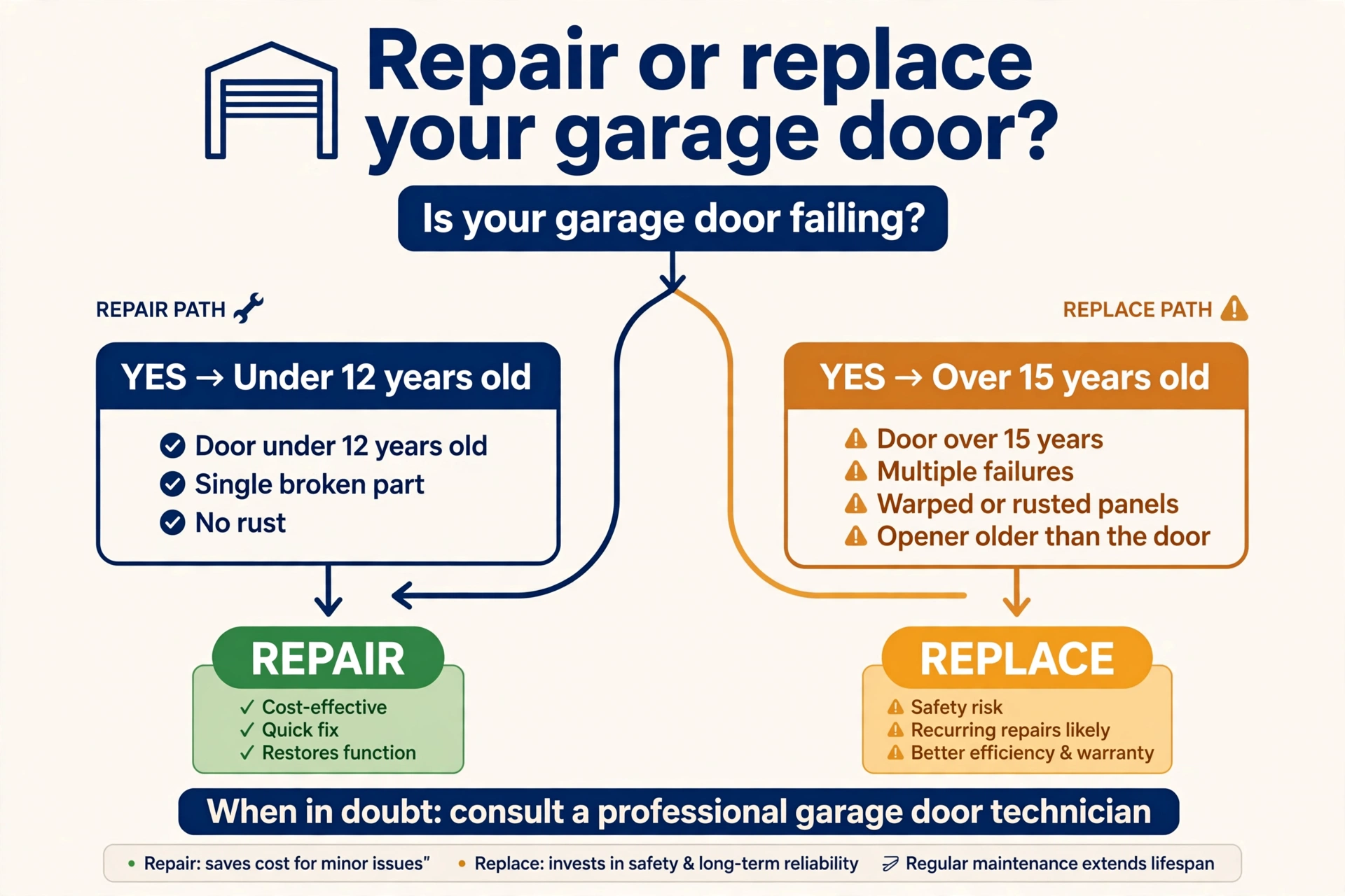 Flowchart infographic: repair path for doors under 12 years with a single broken part; replace path for doors over 15 years with multiple failures, warped or rusted panels